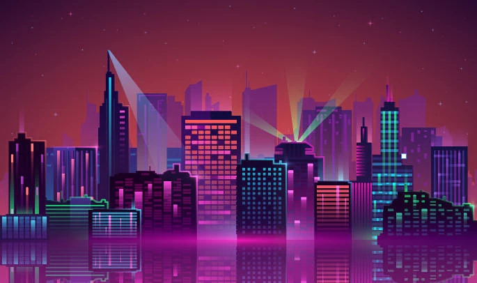 未来科技科幻霓虹灯渐变绚丽城市建筑夜景灯光插画AI/PSD设计素材100套【052】